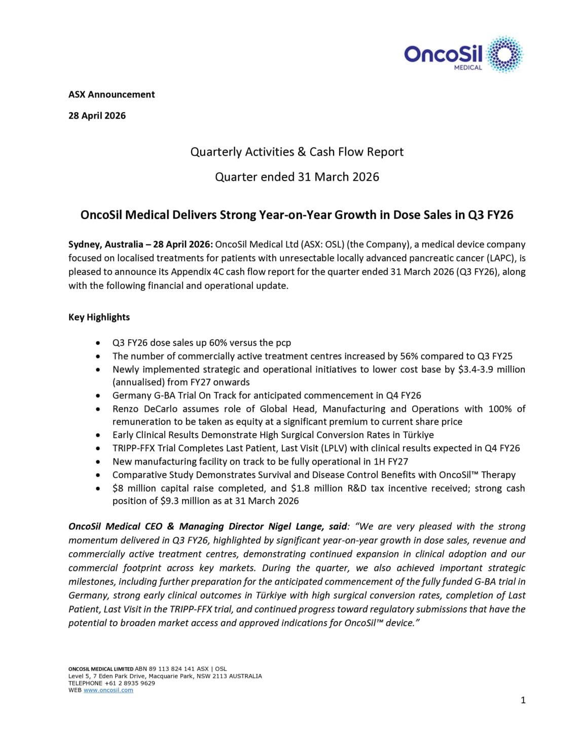Quarterly Activities/Appendix 4C Cash Flow Report