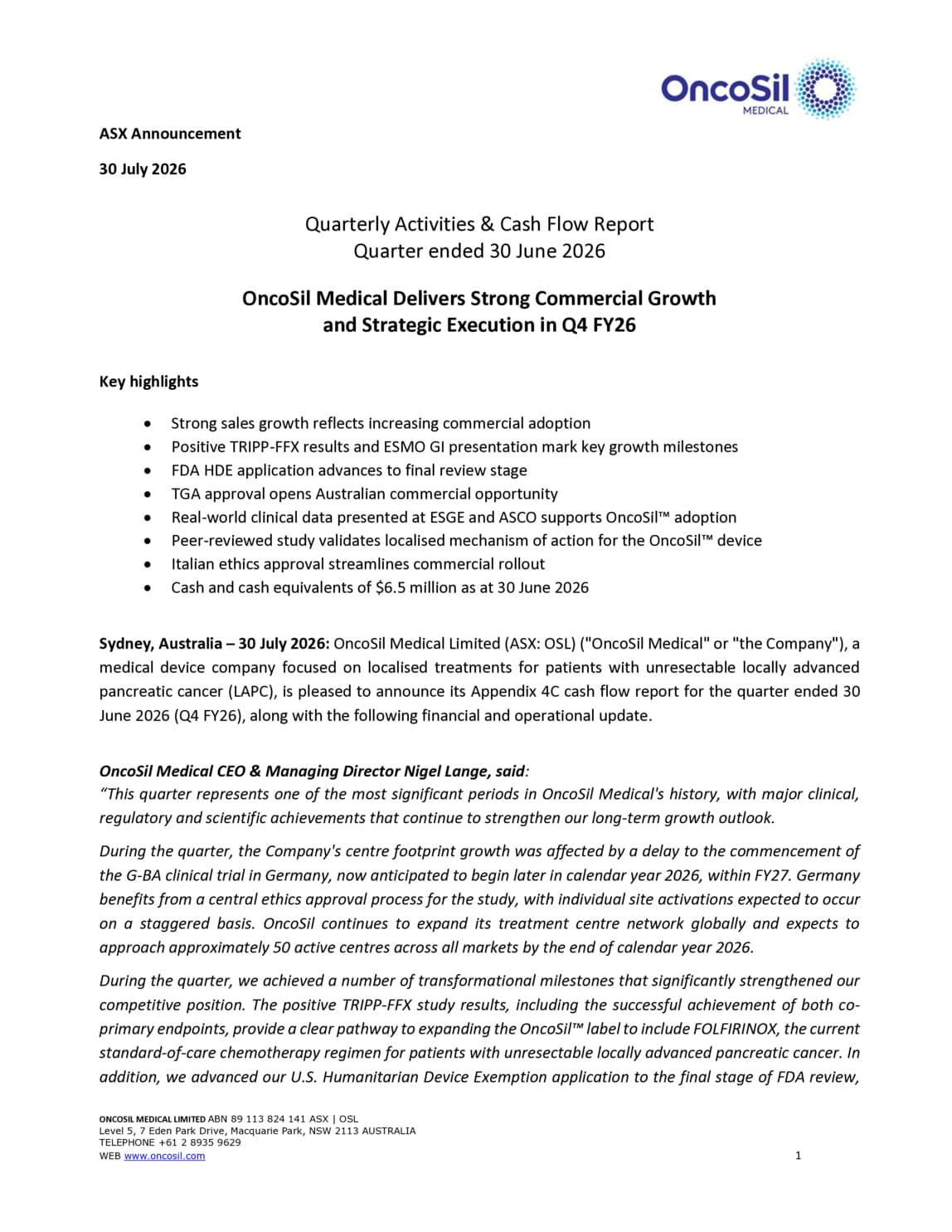 Quarterly Activities/Appendix 4C Cash Flow Report